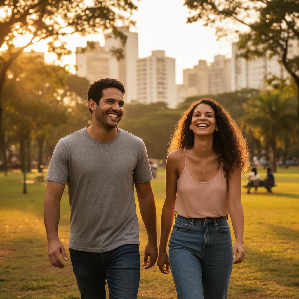 Aluno caminhando com uma mulher no parque